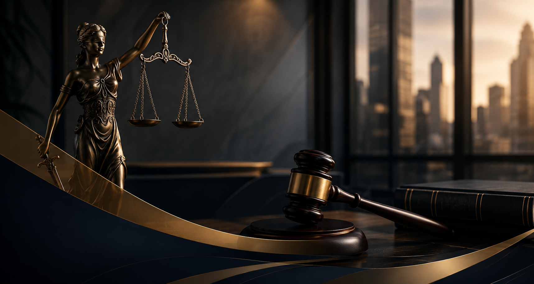 Estátua da Justiça com balança e martelo de juiz representando excelência jurídica